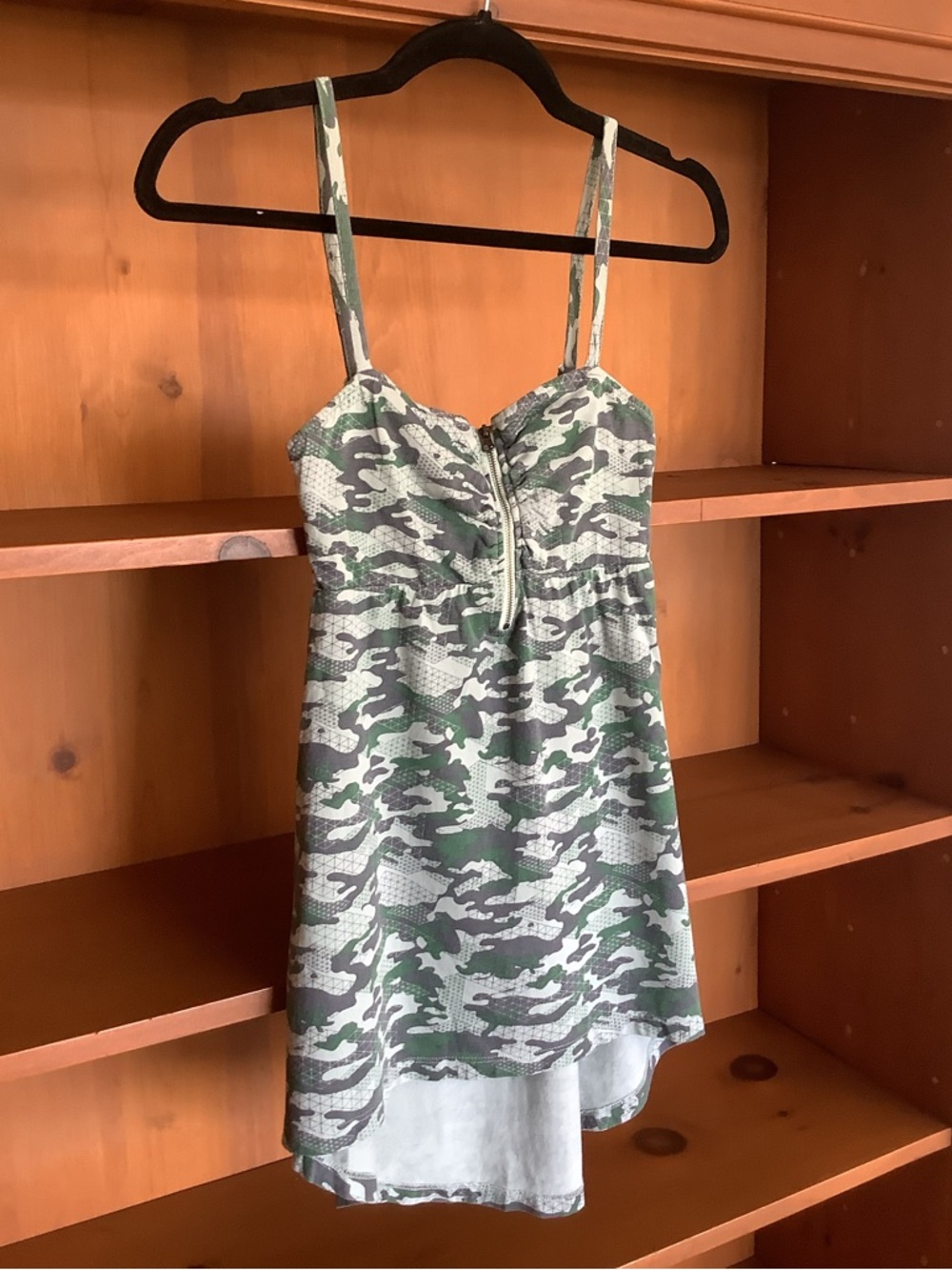 Purple Heart Y2K Green Camo Babydoll Top Zip Front Detail Size XXS 100% Cotton - Picture 4 of 11
